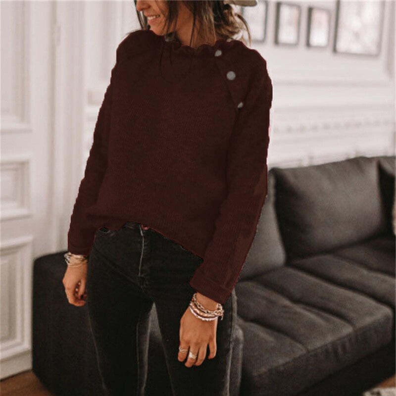 Sweater lengan panjang wanita, atasan sweater Pullover longgar kasual leher bulat, sweater kancing warna Solid temperamen