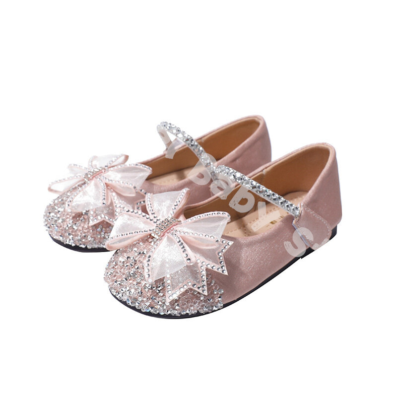 Dziewczęce buty księżniczki wiosna i jesień 2023 nowe dziecięce buty z kryształkami wodne diamentowe kokardki miękka podeszwa dziewczęce skórzane buty