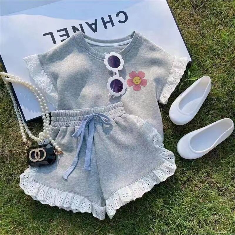 Girls Clothing Suit Children Short-Sleeved Shirt Shorts 2 Pcs Sets Baby Loungewear Fashion Summer Lace Outfits 2 4 6  T New 2024