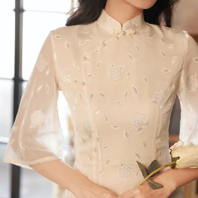 Cheongsam-vestido de primavera y verano para mujer, novedad de 2023, Mejora Diaria, vestido de cena delgado de Audrey de manga larga invertido para chicas jóvenes