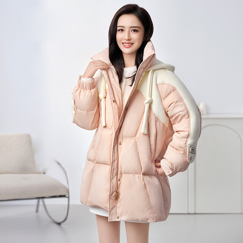 Women Fashion Down Coat Contrast Color Loose Hooded Warm White Duck Down Jackets Female Casual Commute Puffer Overcoats