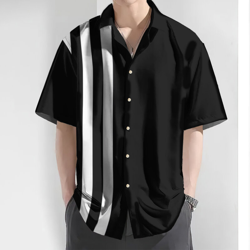 Camisa havaiana solta de grandes dimensões masculina, estampa listrada 3D, tops casuais de manga curta, roupa seca rápida, verão, 2024