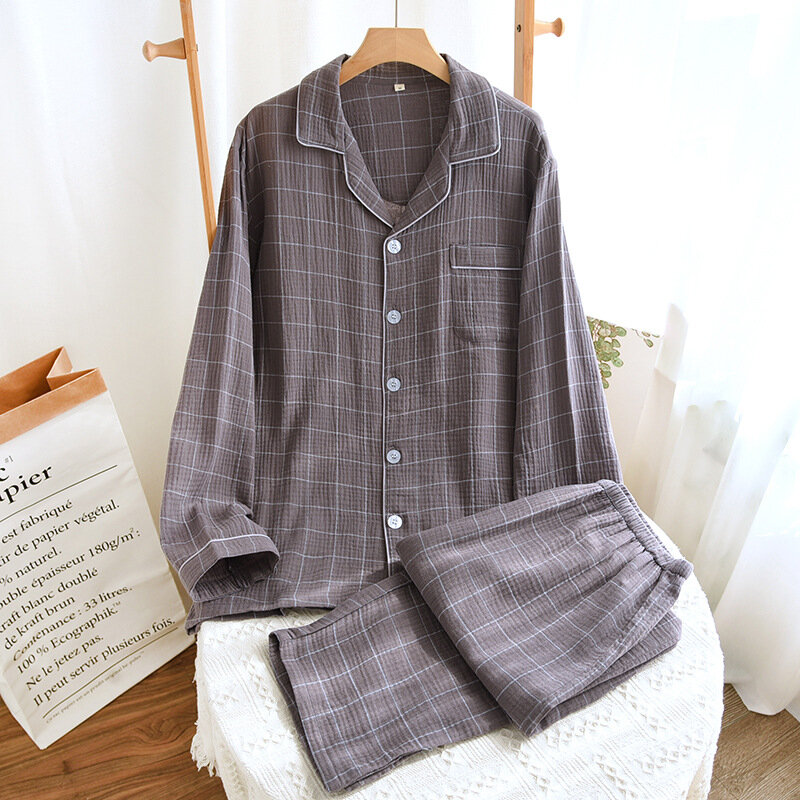 Spring / Autumn Men's Pajamas Plaid Crepe Long Sleeved Pants Two-piece Set Two Color Large Size Loose and Casual Home Clothes