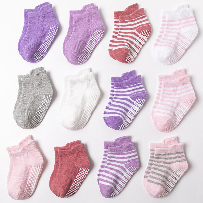 Calcetines tobilleros para bebé y niños y niñas de 0 a 5 años, calcetín de tobillo antideslizante con agarres, tejido de algodón para todo el año, 6 pares/paquete