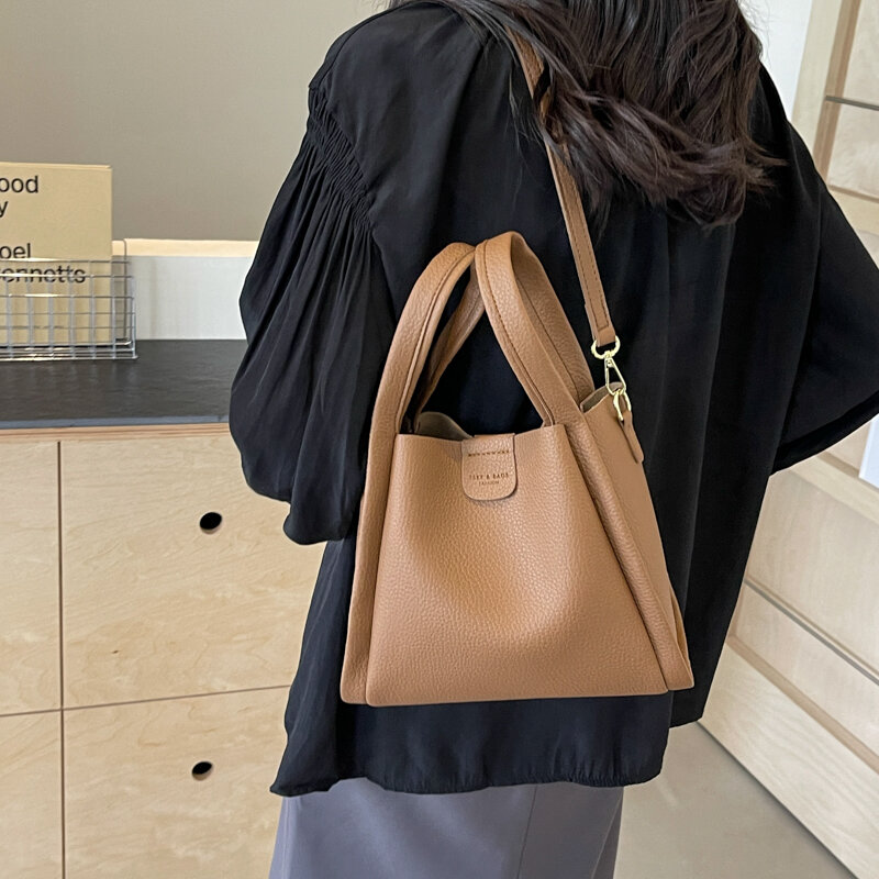 Bolso de mano de cuero suave para mujer, bolsa de cubo de marca, color negro y marrón, diseño Simple, alta calidad, 2 juegos