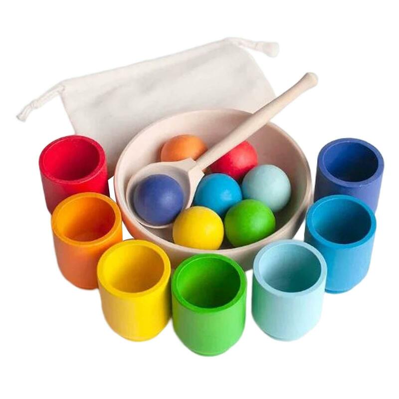 Montessori Large Balls in Cups Toy Wooden Sorter Game Color Recognition Cups and Balls Montessori Toys for 1+ Year Old