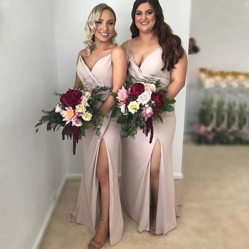 Sexy Sheath Side Slit Bridesmaid Dresses Simple Satin Spaghetti Straps Bridesmaid Gowns Custom Women Wedding Evening Party Gown