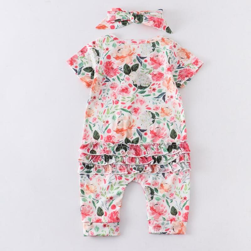 小さな女の子のためのかわいい花柄の半袖ロンパース、夏の服、ヘッドバンド付きのジャンプスーツ、新生児、2個
