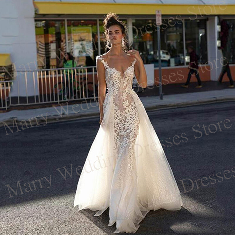 Gaun pengantin seksi putri duyung menarik, gaun pengantin renda applique tanpa lengan leher V dengan kereta yang dapat dilepas untuk wanita