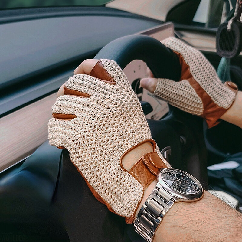 男性運転手袋オートバイ機関車ハーフ指羊皮手袋ニット革男性の車の手袋guantesデtrabajo