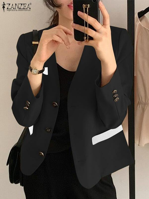 ZANZEA Woman Fashion OL Blazer Long Sleeve V-Neck Jackets Autumn Elegant Office Outwear Casual Contrast Color Coats Oversized
