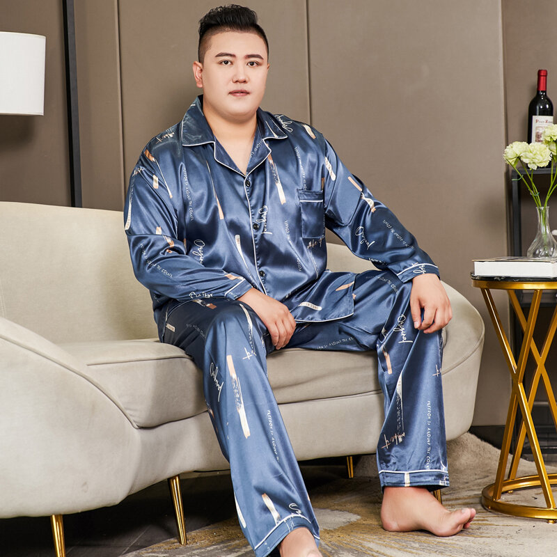 3xl-5xl Plus Size 150kg Graphics Silk Pajamas for Men Autumn Spring New Long Sleeve Singer Breast Top and Pants Sleepwear Pjs