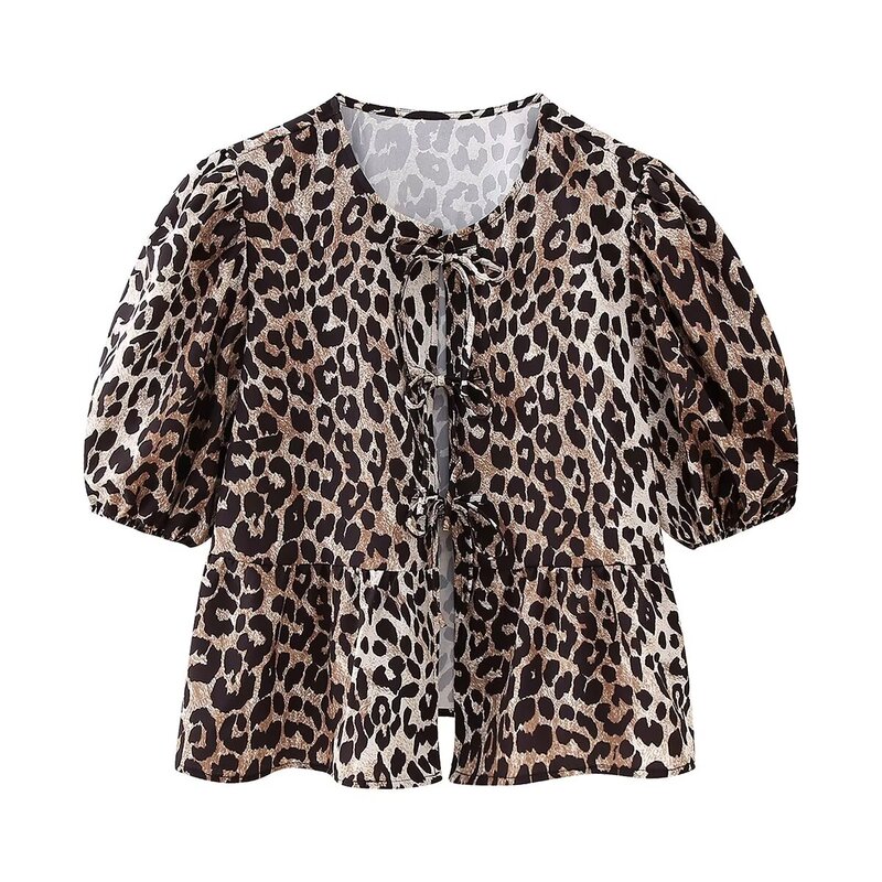Sommer hemd mit Schnürung Leoparden bluse Puff ärmel Crop Top Damen Sommerkleid ung