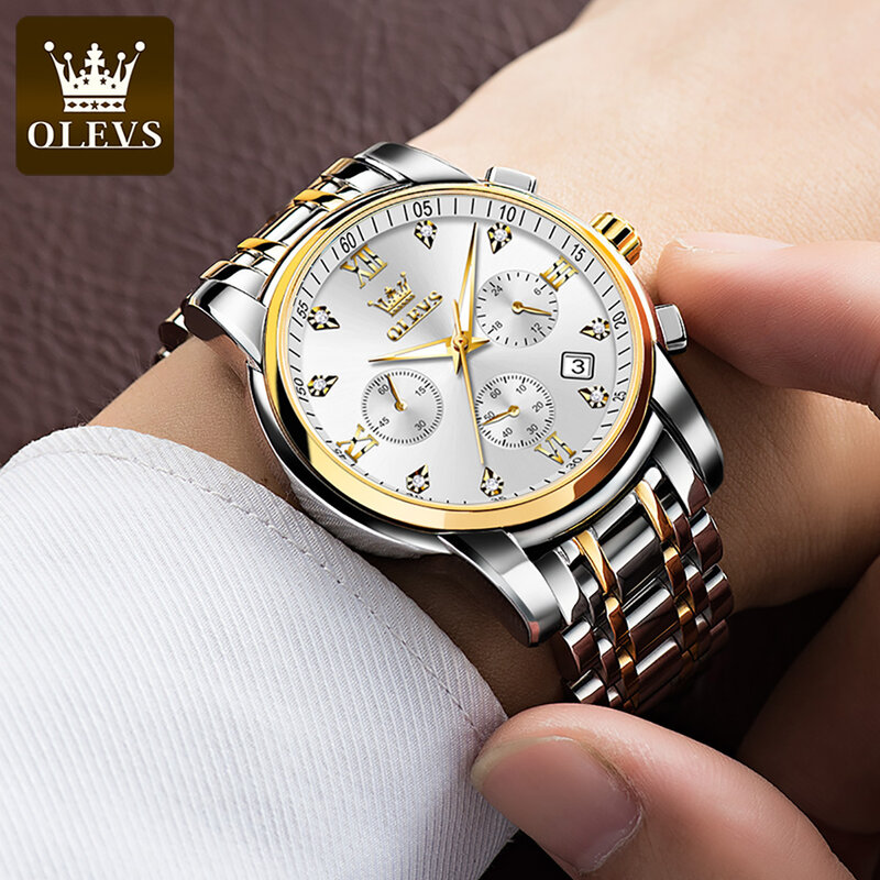 OLEVS นาฬิกาหรูสำหรับผู้ชาย, นาฬิกาควอตซ์นาฬิกาข้อมือสำหรับผู้ชายส่องสว่างกันน้ำนาฬิกากีฬาผู้ชาย reloj