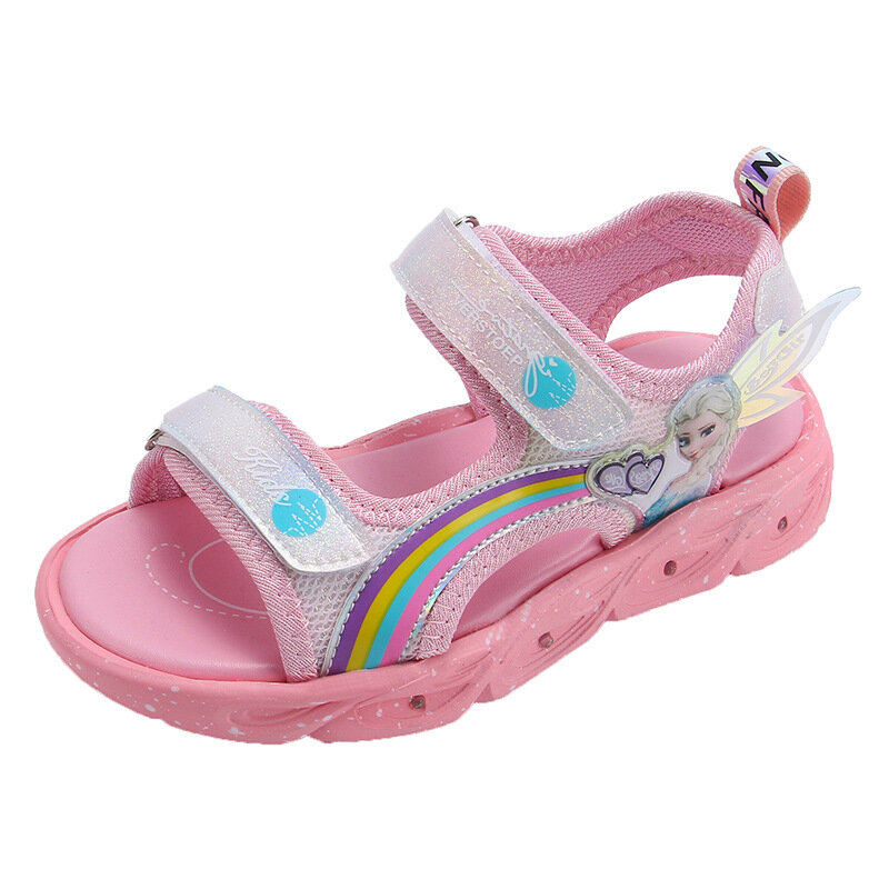 Sandálias Princesa Elsa das meninas da Disney com luzes LED, sapatos de praia infantis, rosa, roxo, crianças, bebê, verão, tamanhos 22-37
