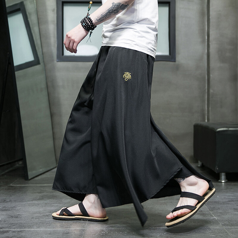 กางเกงคูลอตสำหรับผู้ชายกางเกงเดรสเปิดไหล่ข้างเดียวยาวถึงข้อเท้าสไตล์ญี่ปุ่นระบายอากาศปักลายฤดูร้อน