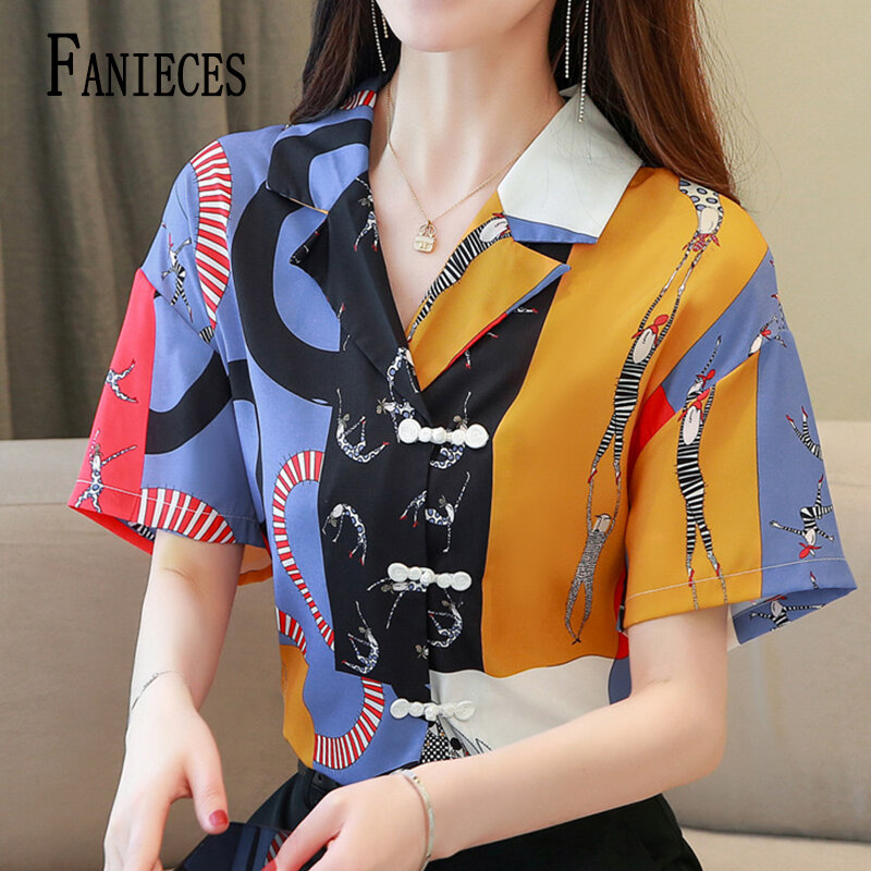 FANIECES-Camiseta feminina de manga curta com estampa em corrente, blusa casual, camiseta do escritório, gola virada para baixo, elegante