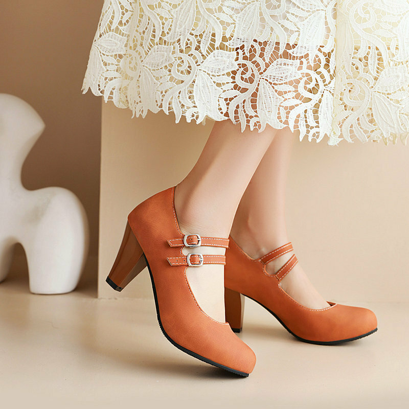 Nuove scarpe da donna tacco alto fibbia cinturino scarpe tacco spesso Mary Jane testa tonda tacco alto bocca superficiale scarpe da donna 34-46