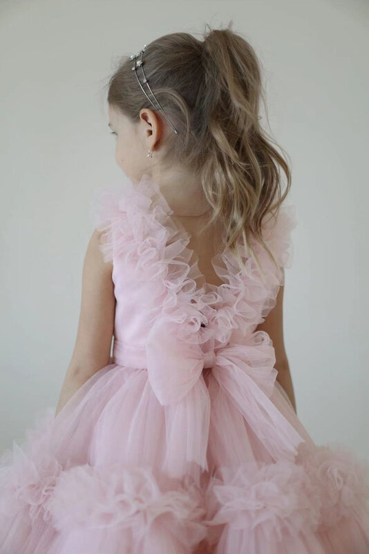 Cute Light Pink Flower Girl Dress For Wedding Tulle Sleeveless Knee Length With Bow Kid Birthday Party First Communion Ball Gown