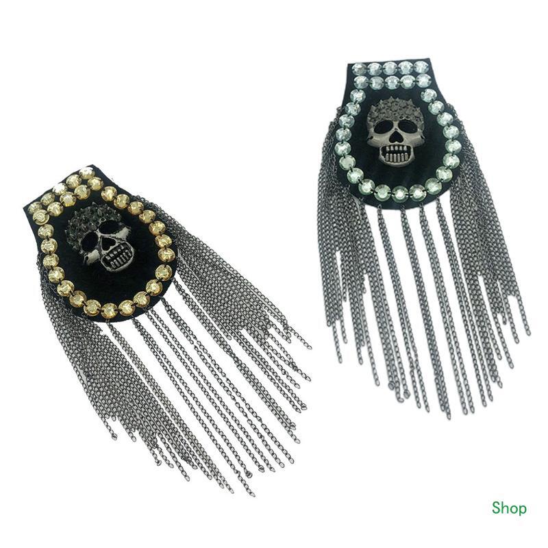 Dropship Kostum Panggung Tengkorak Tanda Pangkat untuk Berlian Imitasi Perhiasan Bahu Vintage Rumbai Link Rantai Tanda Pangkat