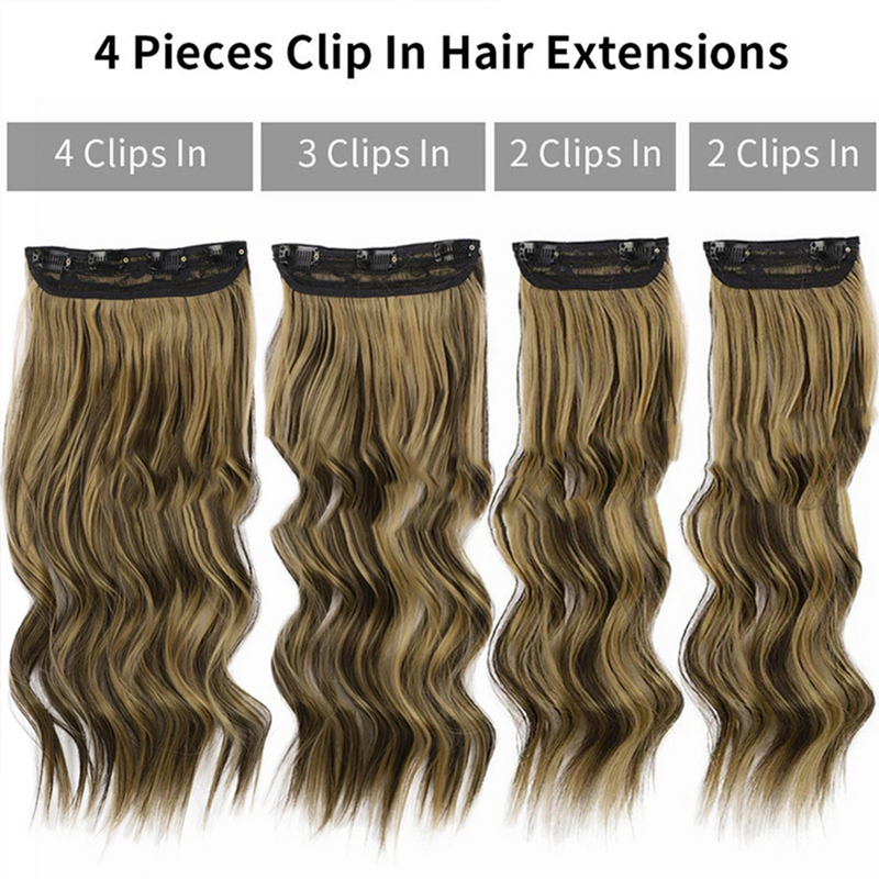 Ekstensi rambut ekstensi sintetis bergelombang panjang, ekstensi rambut 4 BH/Set 20 inci untuk wanita, tahan panas, warna hitam cokelat, sorot