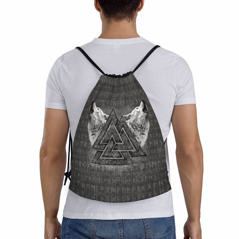 Ancient Valknut Symbol And Wolves Drawstring Backpack Sports Gym Sackpack Norse Mythology Viking String Bags for Exercise