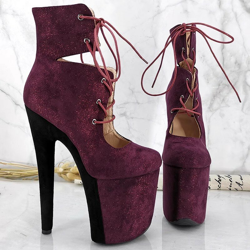 Auman Ale New 20CM/8inches Suede Upper Sexy Exotic High Heel Platform Party Women Round Toe Ankle Boots Pole Dance Shoes 158
