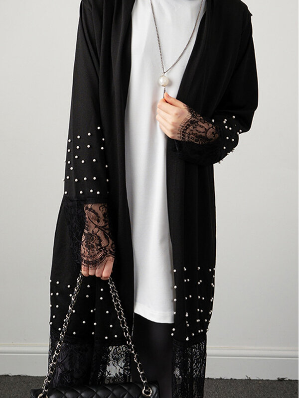 Lace Chiffon Nailed Beads Abayas for Women Long Sleeve Cardigan Robe Muslim Dubai Open Abaya Women Dress Kimono Femme Musulmane