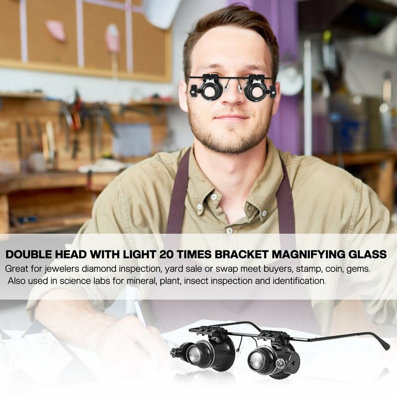Double Eye Magnifier Watch Repair Tool com 2 luzes LED ajustáveis, Óculos Tipo, 20X Lupas, Metal Frame, Novo