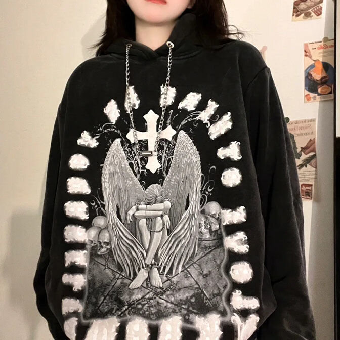 ดีมาก!!! อเมริกัน Hiphop ใหม่สร้อยคอ Angel Hoodies ผู้หญิงขายร้อน Harajuku Vintage เสื้อกันหนาวเกาหลี Goth Y2k เสื้อผ้า
