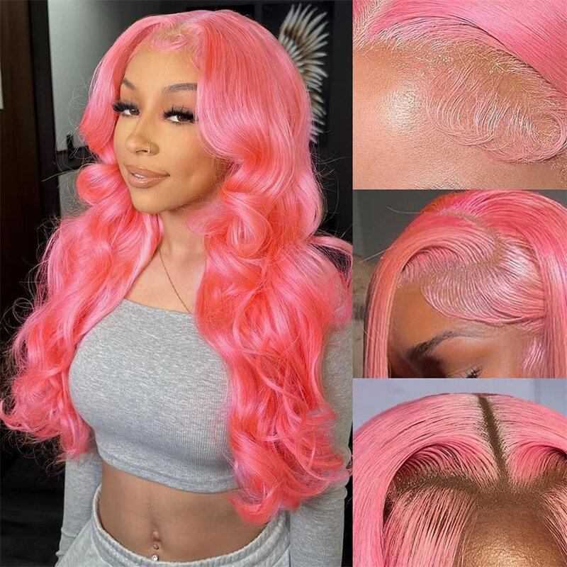 Perruque Lace Front Wig Body Wave Naturelle, Cheveux Humains, Couleur Rose, Transparent, 13x4, 13x6, HD, Pre-Plucked, pour Femme