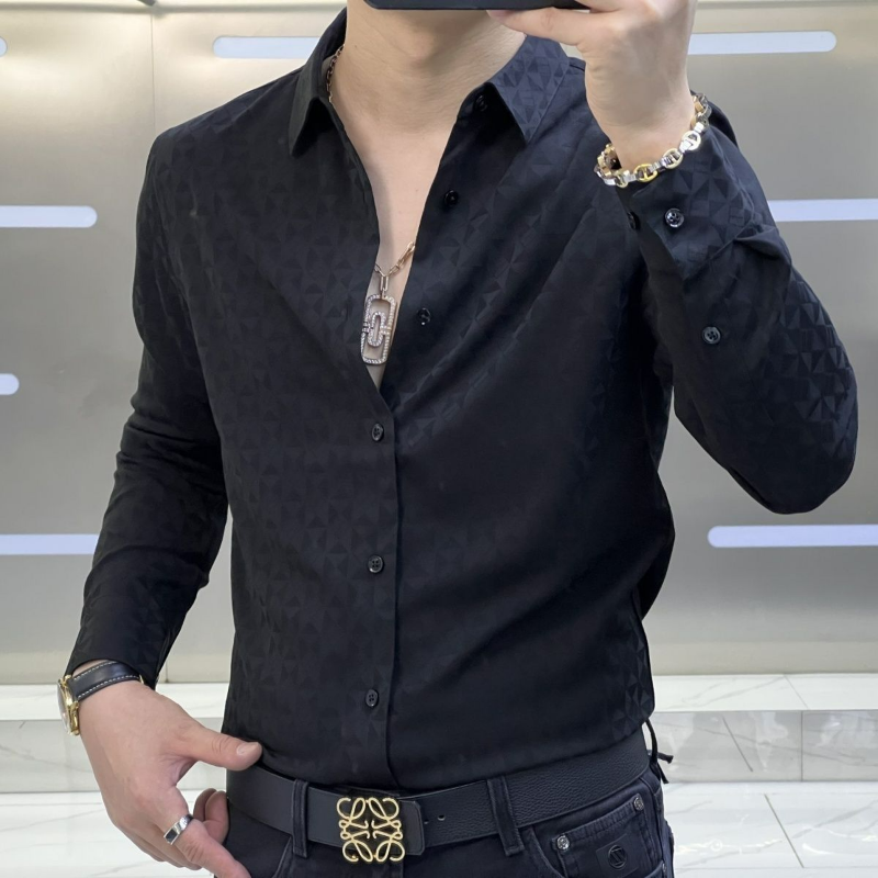Camisa de manga comprida estampada masculina, botão de lapela, patchwork, negócio, casual, versátil, top da moda simples, moda high-end, novo, primavera