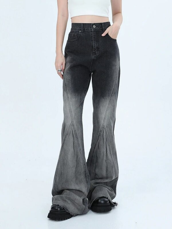 Женские винтажные джинсы в стиле High Street, черные и серые джинсы-клеш с эффектом потертости и высокой талией в американском стиле ретро