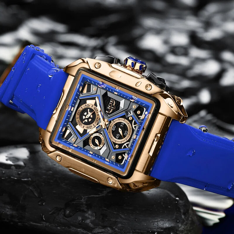 LIGE jam tangan + kotak pria, arloji Quartz Stainless Steel konograf tahan air bercahaya untuk lelaki