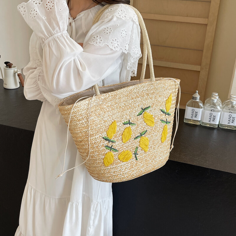 Słodki wzór splot słomiane torby na ramię dla kobiet 2024 lato koreańska moda małe torebki Tote pani torebki podróżne torba na plażę
