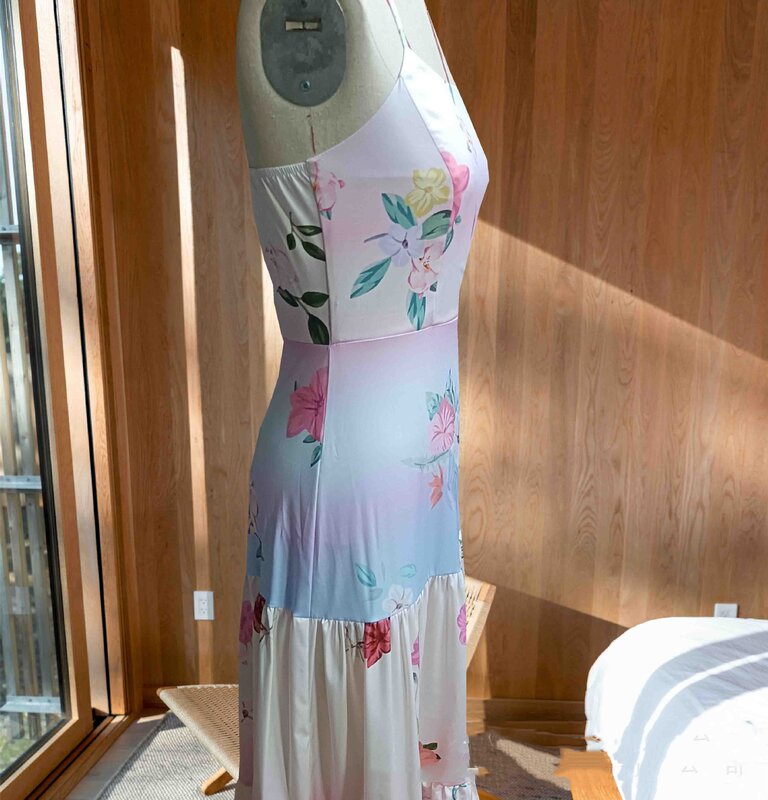 BKLD gaun pesta panjang wanita, Gaun tali Spaghetti motif bunga gradien baru 2024, tanpa lengan