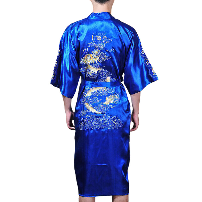 Robe de banho cetim dragão masculino, vestido de dormir, pijamas, estilo quimono, azul marinho, vermelho, branco, preto, azul, estilo chinês, vestido de dormir, M 2XL