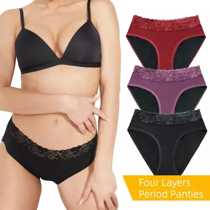 Oco Lace Leak-Proof Período Underwear, meia-cintura Menstrual Calcinha, guardanapo sanitário, tamanho grande, quatro camadas