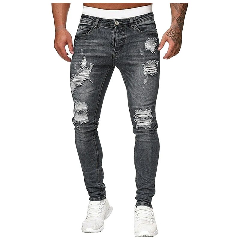 New Mens Blue Hold Casual Solid Slim Fit Simple Denim Pants Fashion Male Cargo Pants Street Jeans Hip Hop Denim Trousers 2024