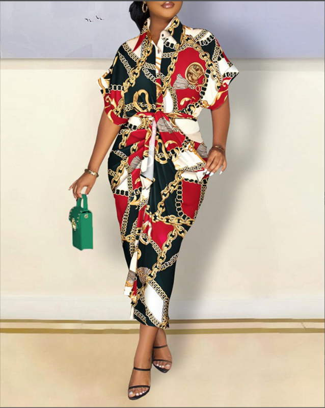 Robe longue à imprimé abstrait pour femmes, col polo, manches courtes, décontracté, plissé, bouton, à lacets, chemise 03, été, 2024