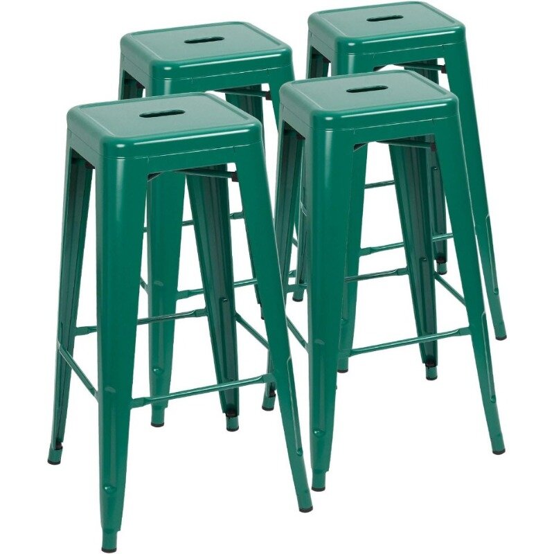 Metalowe stołki barowe 30-calowe stołki barowe do układania w stosy na zewnątrz w nowoczesnym stylu, przemysłowe stołki barowe w stylu Vintage, zestaw 4 sztuk