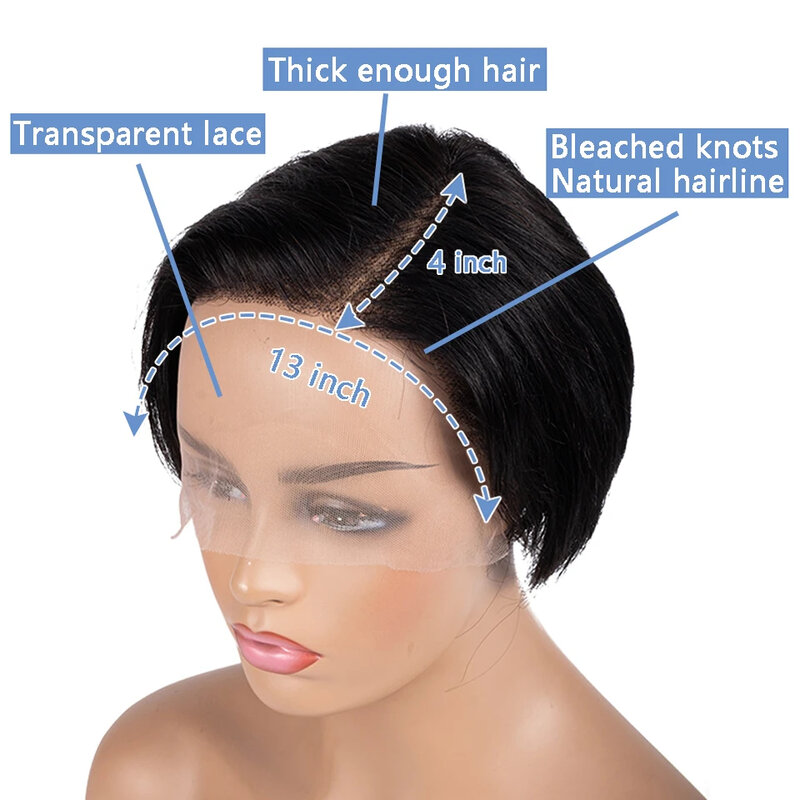 Peluca de cabello humano para mujeres negras, pelo corto y liso con corte Bob Pixie, malla frontal, Remy brasileño, transparente