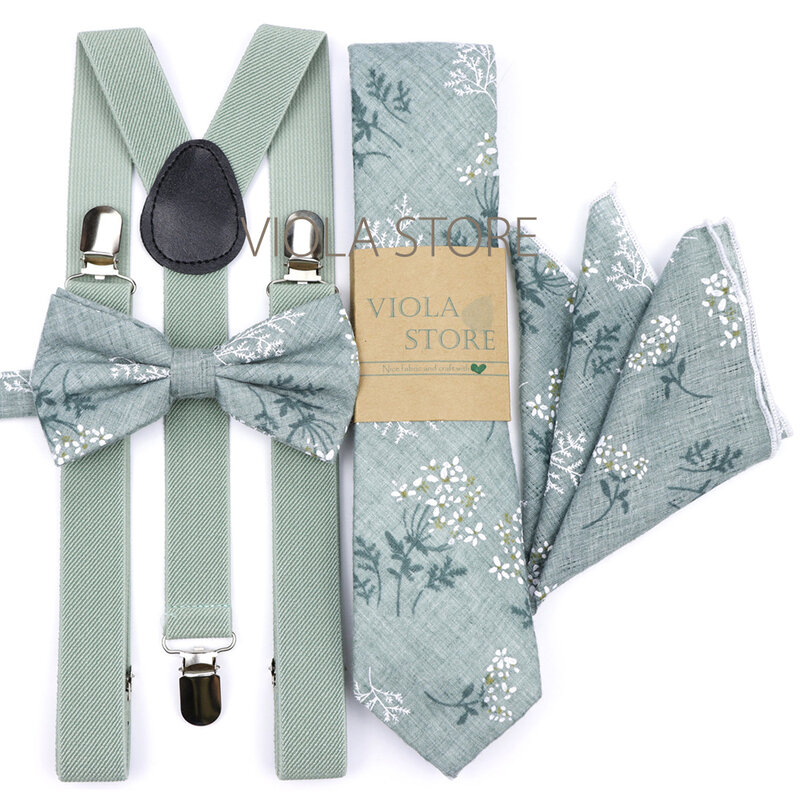 Men Kids Sage Blue Floral 2.5cm Suspenders 6.5cm 100% Cotton Tie Hankie Bow Set Cravat Brace Adjustable Straps Wedding Accessory