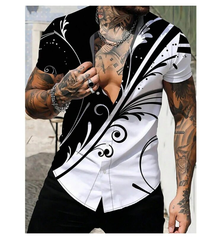 Nowy koszula męska splatanie graffiti w klapie z nadrukiem 3D koszula z guzikami letnie wakacje z krótkim rękawem odzież męska
