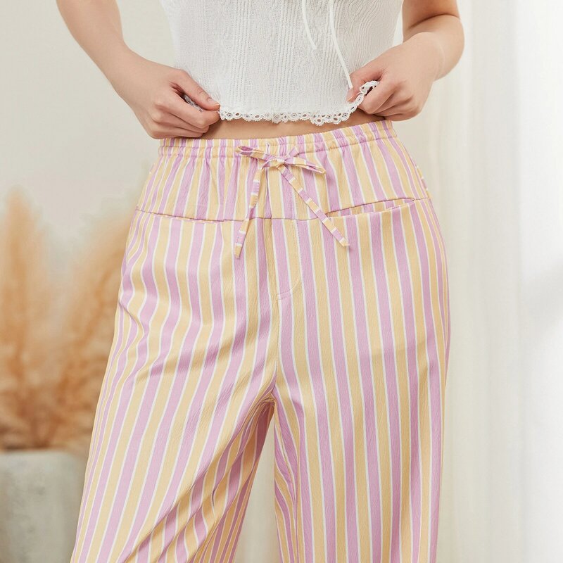 Summer Drawstring High Waist Casual Trousers Outfits Aesthetic Comfy Long Pants Women Striped Wide Leg Pants
