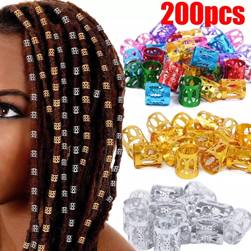 100/200pcs Gold Silver Dreadlock Hair Rings Adjustable Cuff Clip Hair Braids Dirty Braids Beads Hairpin Jewelry Hair Accessories