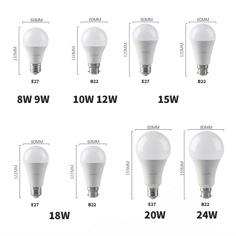 Ampoule LED Super Brillante pour la Maison, Lumière Réelle, Puissance 8W-24W, 3000K/4000K/6000K, Blanc Chaud, A60, A80, Inda B22, AC220V
