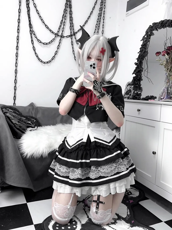 NONSAR Japanese Harajuku Girl Cute Black White Lace High Waist Pleated Skirt Punk Gothic Lolita Cosplay Costumes Cake Mini Skirt