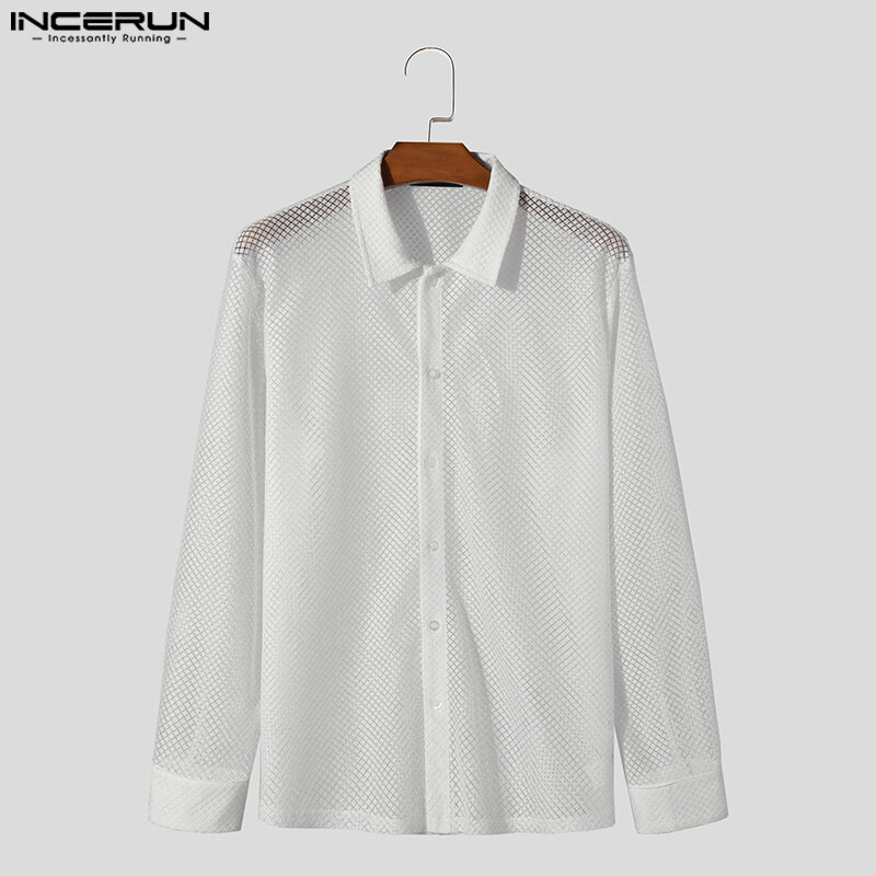 INCERUN Tops 2024 American Style Fashion Men's Lace Hollowed Design Shirts Casual Party Show Male Thin Long Sleeved Blouse S-5XL