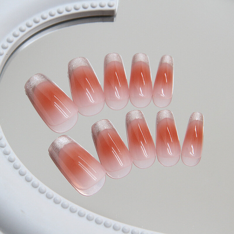 Powder Blusher French Cat's Eye False Nails Almond Fake Nails with Glue Press on Wearable Simple Ins Pink Stiletto Nail Tips